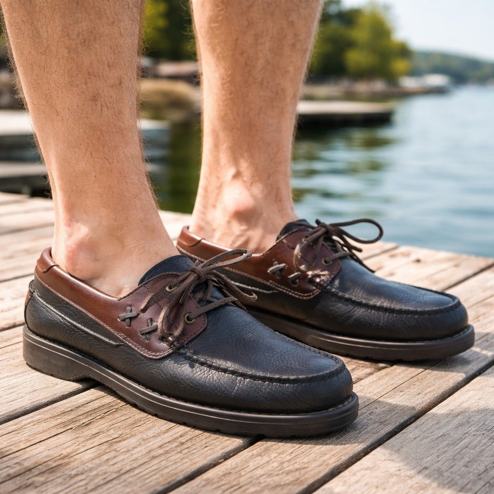 Bass Investor Boat Shoes Leather Moc Toe Brown Black Men's 8.5M Camp Moc Casual